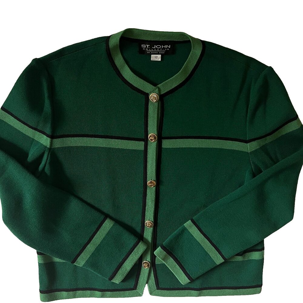 Vintage St. John Collection Cardigan 12 Green knit USA